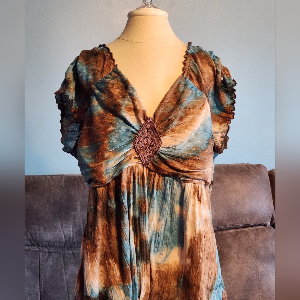 Cato 18-20 tie dye Turquoise and Browns spring summer top